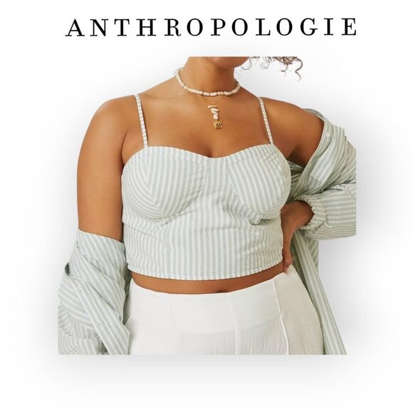 Anthropologie Mint Striped Smocked Crop Top Size L - Picture 1 of 12